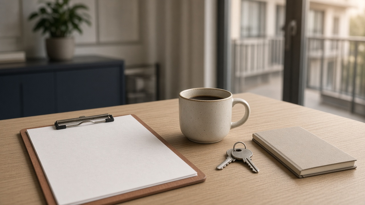 Operator morning desk: clipboard, coffee, keys, notebook - theme art for collections article