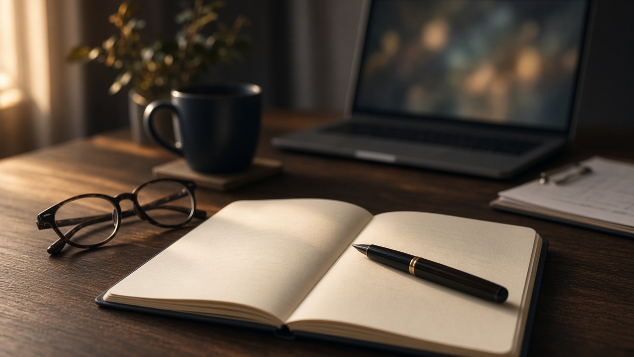 Owner desk with notebook and pen in focus; blurred laptop dashboard and clipboard in the background